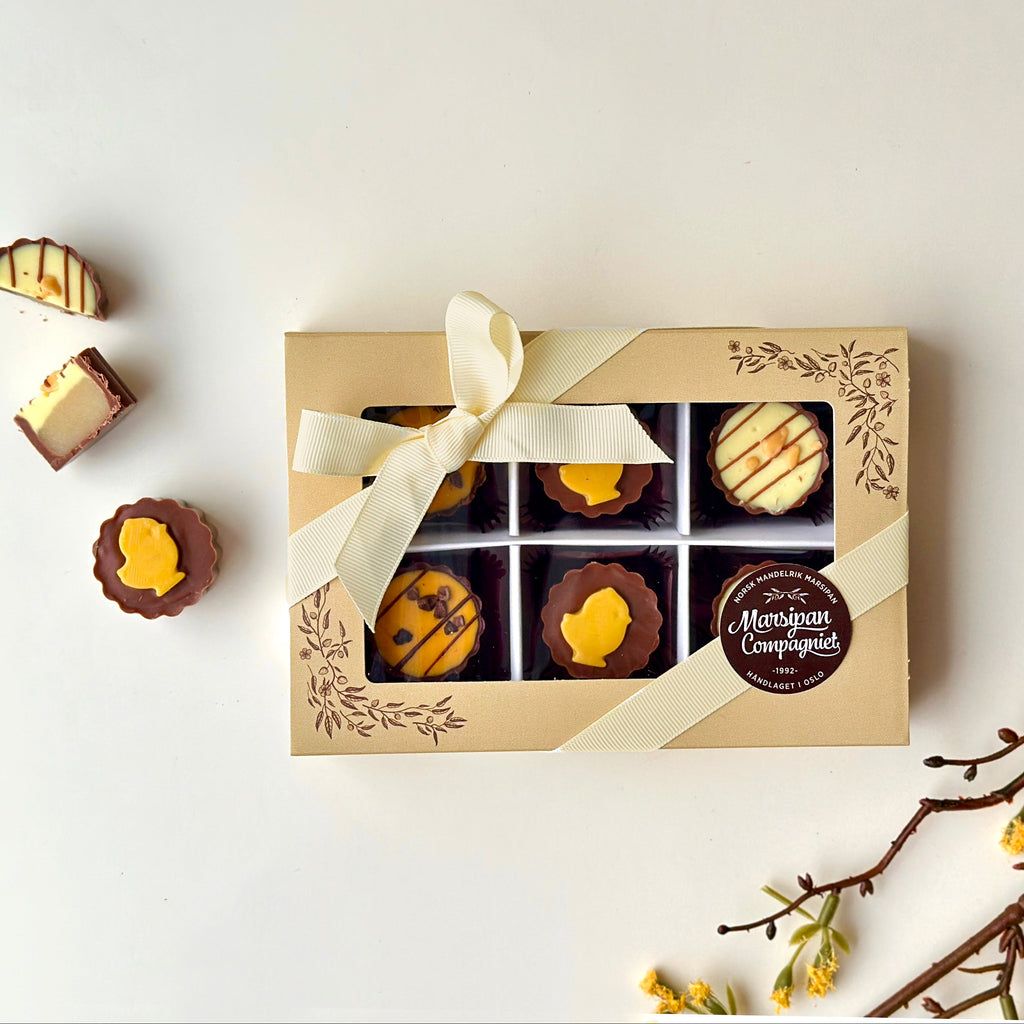 påskekonfekt påskemarsipan påskesjokolade gave gavetips spiselig gave påskegave firmagave appelsinsjokolade appelsinkonfekt bringebær sitron