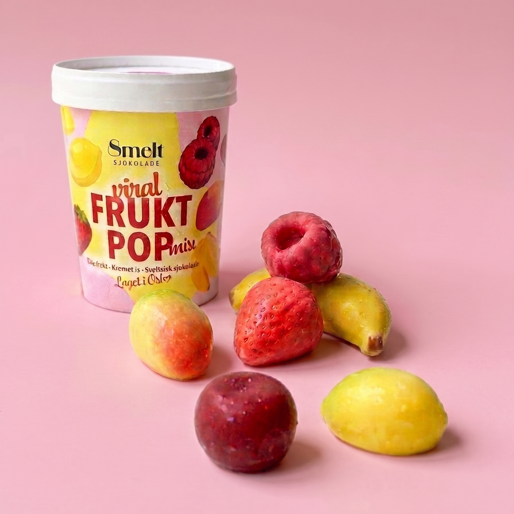 Mini frukt viral frukt jordbbær banan asitron bringebær mango trompe loeil mousse cake dessert is iskrem gelato