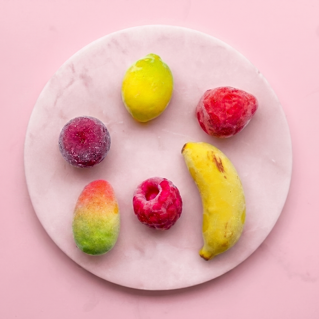 Mini frukt viral frukt jordbbær banan asitron bringebær mango trompe loeil mousse cake dessert is iskrem gelato